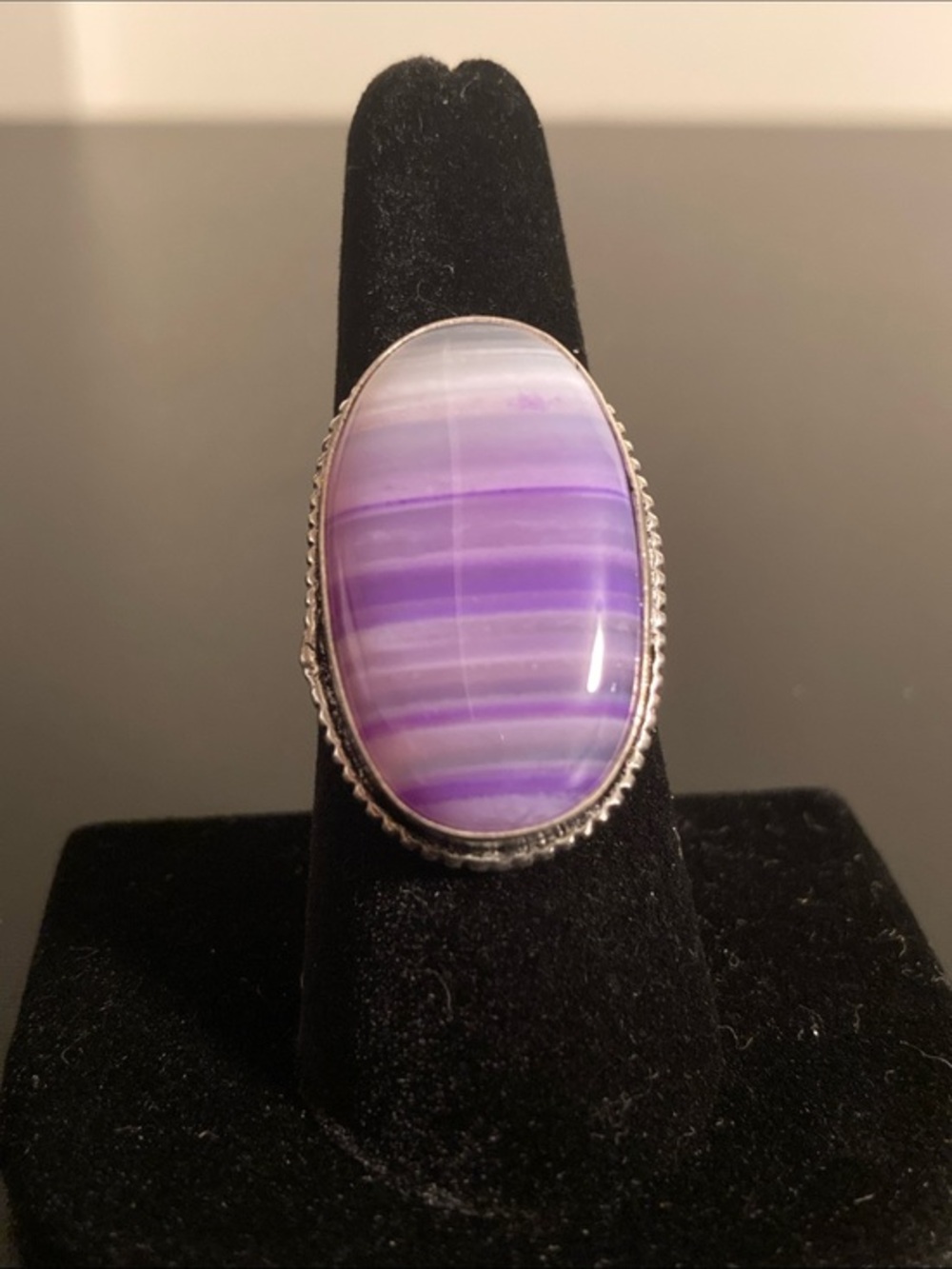Purple Banded Agate Oval 925 silver Statement Ring size 8